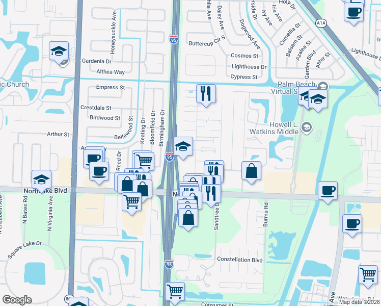 map of restaurants, bars, coffee shops, grocery stores, and more near 3900 Kenas Street in West Palm Beach