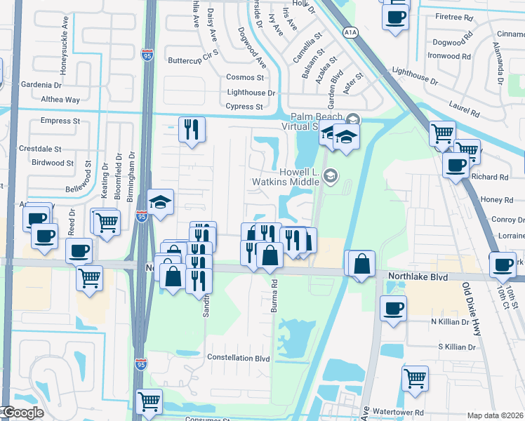 map of restaurants, bars, coffee shops, grocery stores, and more near 9197 Sun Terrace Circle in Palm Beach Gardens