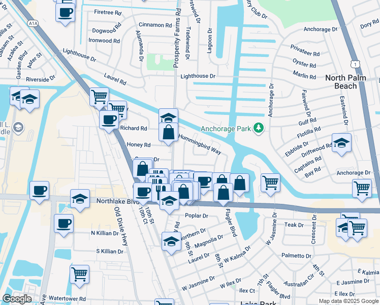 map of restaurants, bars, coffee shops, grocery stores, and more near 751 Hummingbird Way in North Palm Beach
