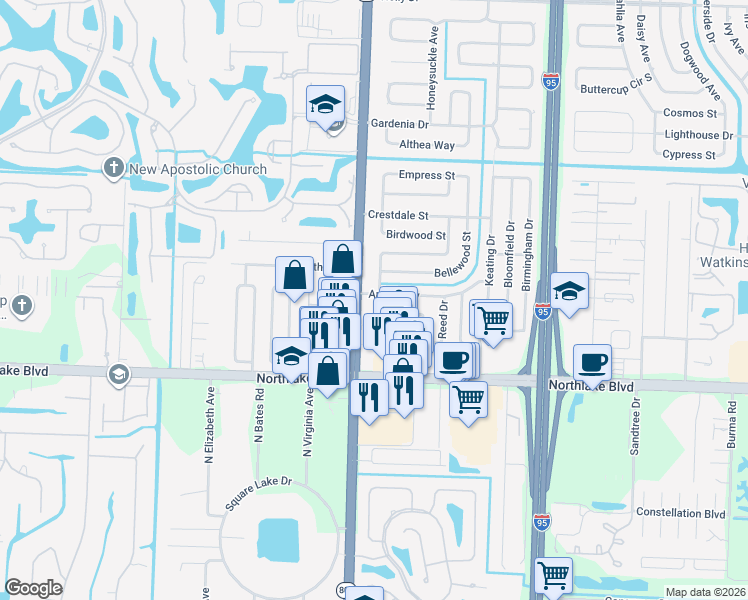 map of restaurants, bars, coffee shops, grocery stores, and more near 9201 Bamboo Drive in Palm Beach Gardens