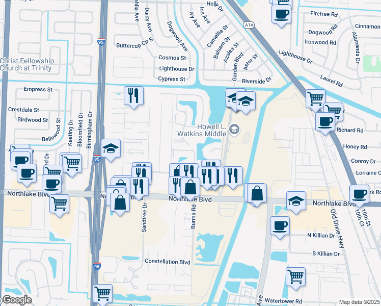 map of restaurants, bars, coffee shops, grocery stores, and more near 4102 Ridgewood Court in Palm Beach Gardens