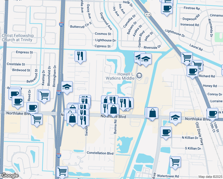 map of restaurants, bars, coffee shops, grocery stores, and more near 4102 Ridgewood Court in Palm Beach Gardens