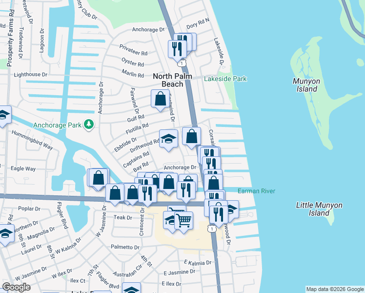 map of restaurants, bars, coffee shops, grocery stores, and more near 537 U.S. 1 in North Palm Beach