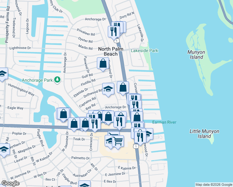 map of restaurants, bars, coffee shops, grocery stores, and more near 537 U.S. 1 in North Palm Beach