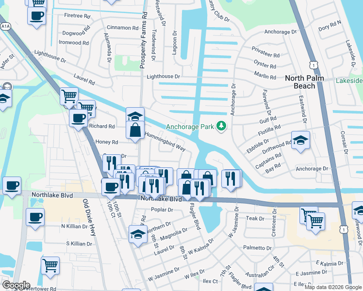 map of restaurants, bars, coffee shops, grocery stores, and more near 731 Hummingbird Way in North Palm Beach