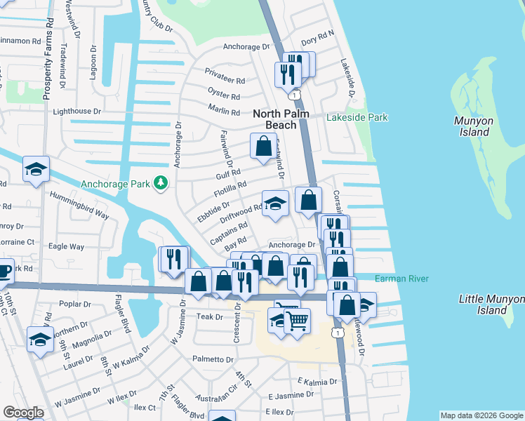 map of restaurants, bars, coffee shops, grocery stores, and more near 408 Driftwood Road in North Palm Beach