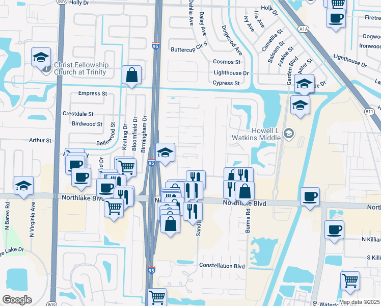 map of restaurants, bars, coffee shops, grocery stores, and more near 3838 Harwood Street in West Palm Beach