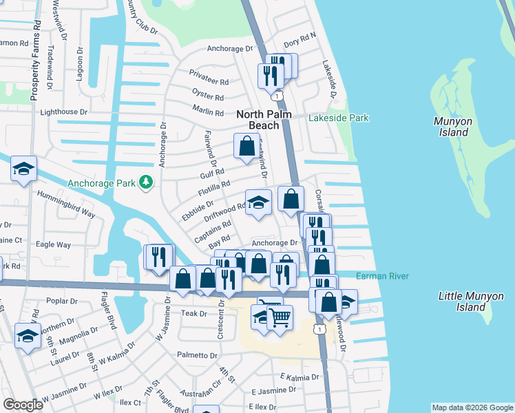 map of restaurants, bars, coffee shops, grocery stores, and more near 408 Driftwood Road in North Palm Beach