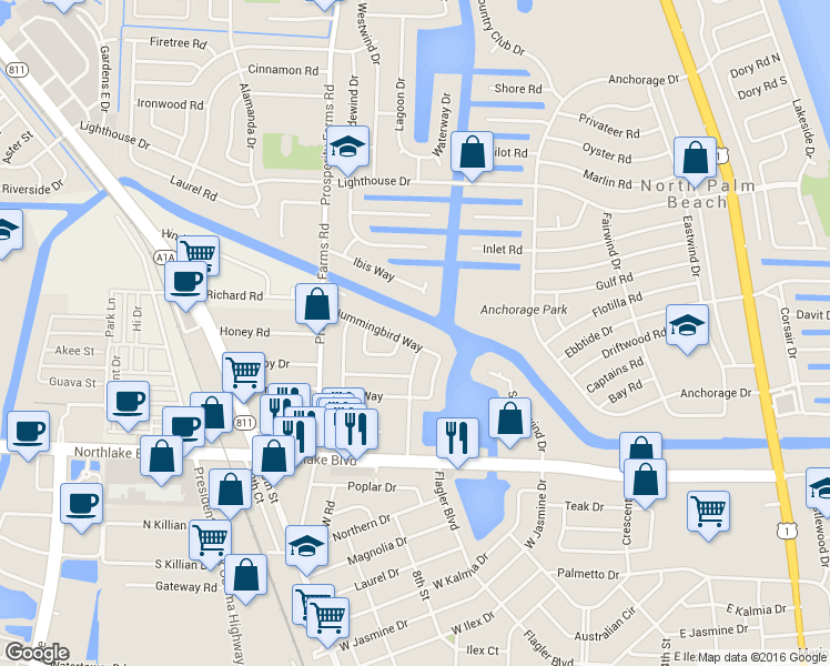 map of restaurants, bars, coffee shops, grocery stores, and more near 731 Hummingbird Way in North Palm Beach