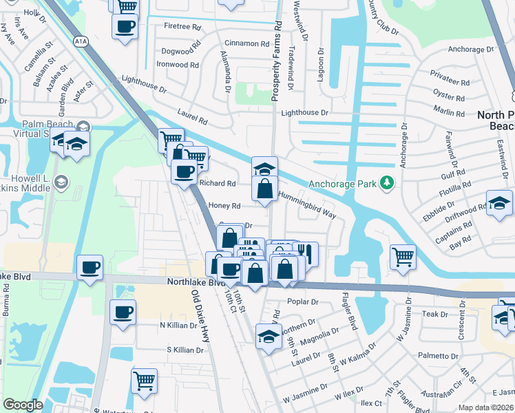 map of restaurants, bars, coffee shops, grocery stores, and more near 2557 Honey Road in West Palm Beach