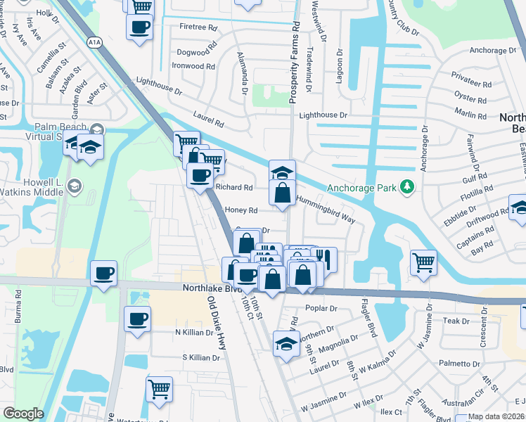 map of restaurants, bars, coffee shops, grocery stores, and more near 2601 Honey Road in North Palm Beach