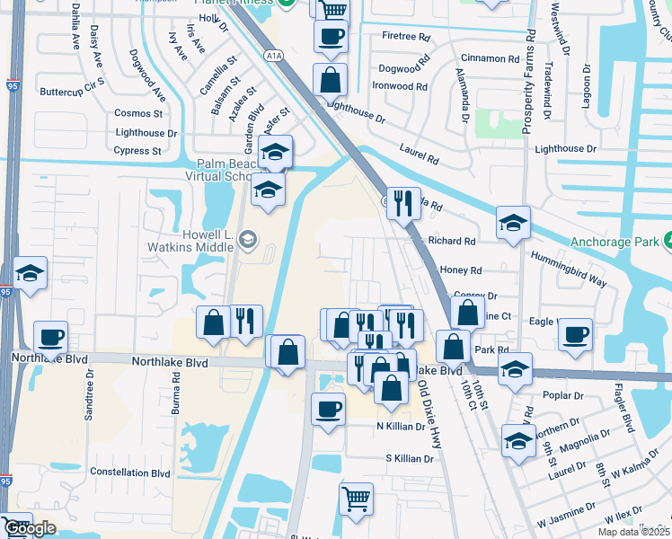 map of restaurants, bars, coffee shops, grocery stores, and more near 9201-9299 Park Lane in Palm Beach Gardens