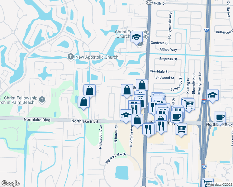 map of restaurants, bars, coffee shops, grocery stores, and more near 9218 East Highland Pines Boulevard in Palm Beach Gardens