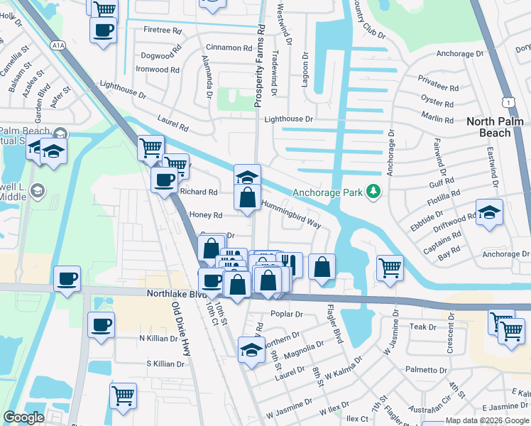 map of restaurants, bars, coffee shops, grocery stores, and more near 437 Westwind Drive in North Palm Beach