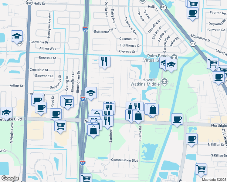 map of restaurants, bars, coffee shops, grocery stores, and more near 9260 Sunrise Drive in West Palm Beach