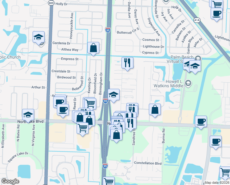 map of restaurants, bars, coffee shops, grocery stores, and more near 3930 Harwood Street in West Palm Beach