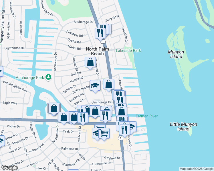 map of restaurants, bars, coffee shops, grocery stores, and more near 537 U.S. 1 in North Palm Beach