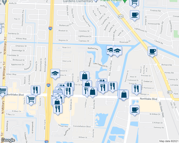 map of restaurants, bars, coffee shops, grocery stores, and more near 4102 Ridgewood Court in Palm Beach Gardens