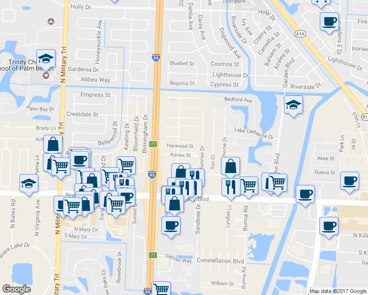 map of restaurants, bars, coffee shops, grocery stores, and more near 3838 Harwood Street in West Palm Beach