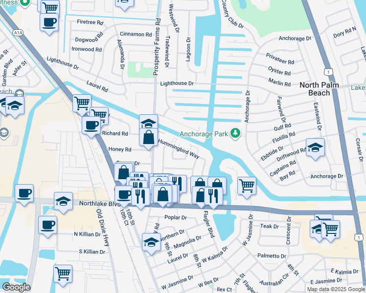 map of restaurants, bars, coffee shops, grocery stores, and more near 751 Hummingbird Way in North Palm Beach