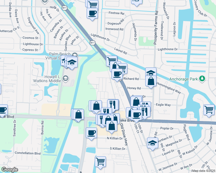 map of restaurants, bars, coffee shops, grocery stores, and more near 9370 Hi Drive in West Palm Beach
