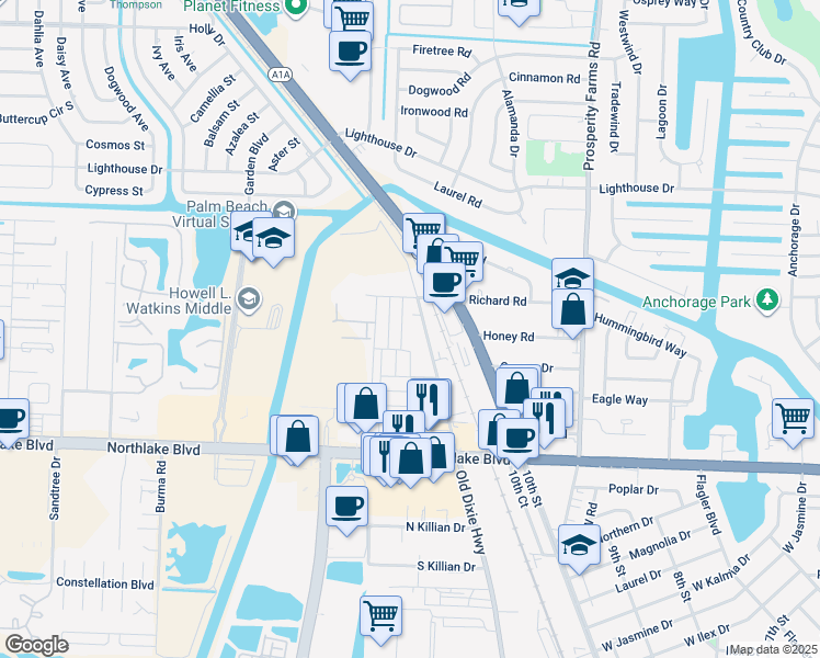 map of restaurants, bars, coffee shops, grocery stores, and more near 9370 Hi Drive in West Palm Beach