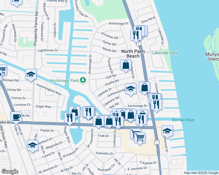 map of restaurants, bars, coffee shops, grocery stores, and more near 513 Ebbtide Drive in North Palm Beach