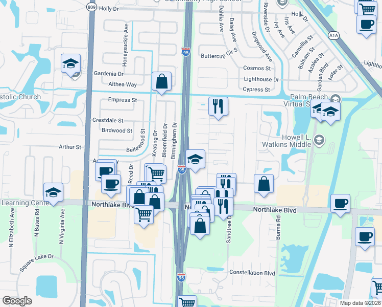 map of restaurants, bars, coffee shops, grocery stores, and more near 3958 Harwood Street in West Palm Beach