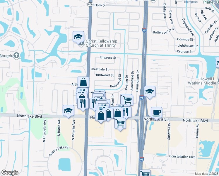 map of restaurants, bars, coffee shops, grocery stores, and more near 4300 Bellewood St in Palm Beach Gardens