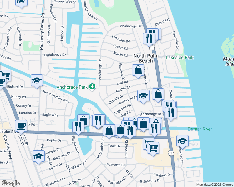 map of restaurants, bars, coffee shops, grocery stores, and more near 520 Flotilla Road in North Palm Beach
