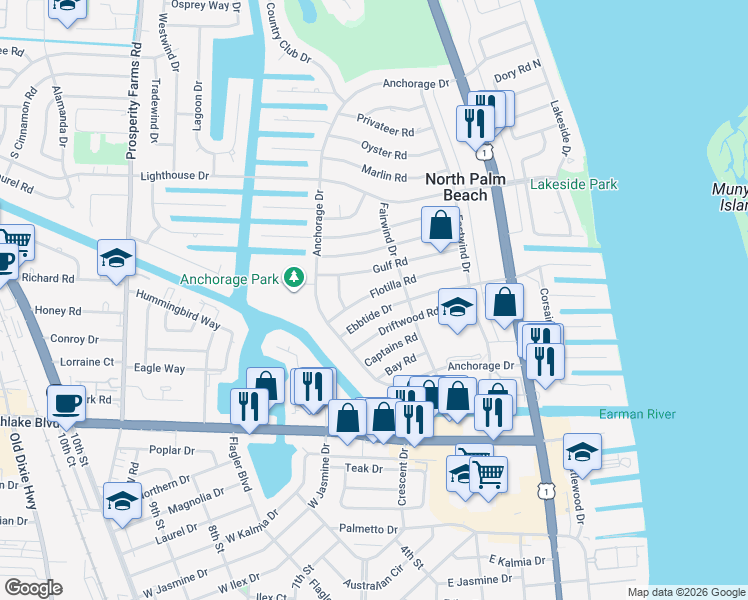 map of restaurants, bars, coffee shops, grocery stores, and more near 513 Ebbtide Drive in North Palm Beach
