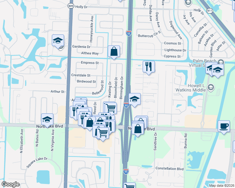 map of restaurants, bars, coffee shops, grocery stores, and more near 9253 Bloomfield Drive in Palm Beach Gardens