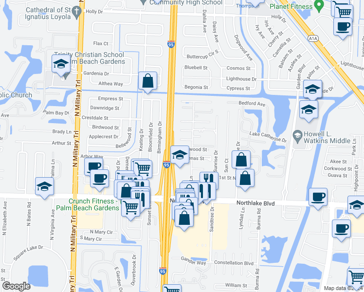 map of restaurants, bars, coffee shops, grocery stores, and more near 3929 Harwood Street in West Palm Beach