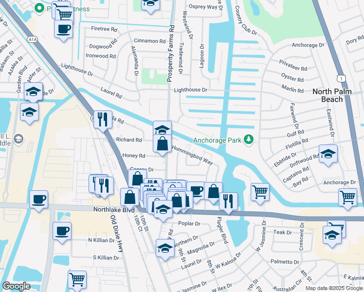 map of restaurants, bars, coffee shops, grocery stores, and more near 437 Westwind Drive in North Palm Beach