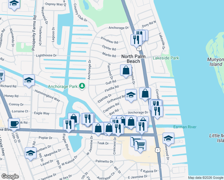 map of restaurants, bars, coffee shops, grocery stores, and more near 504 Flotilla Road in North Palm Beach