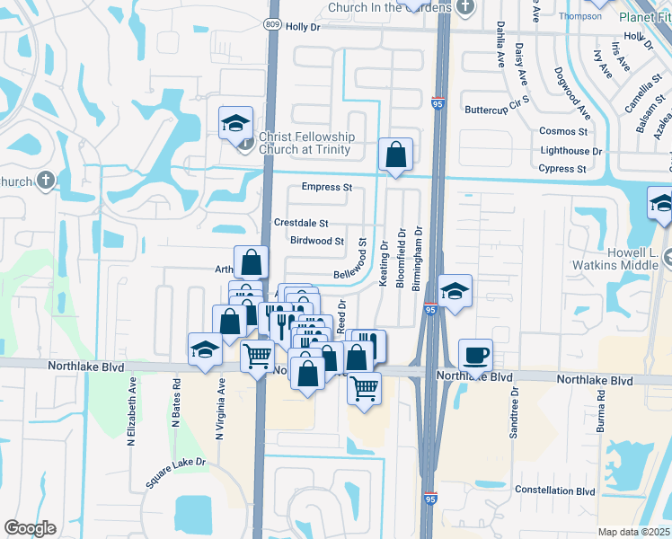 map of restaurants, bars, coffee shops, grocery stores, and more near 4300 Bellewood Street in Palm Beach Gardens