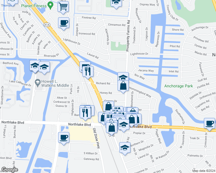 map of restaurants, bars, coffee shops, grocery stores, and more near 2649 Honey Road in West Palm Beach