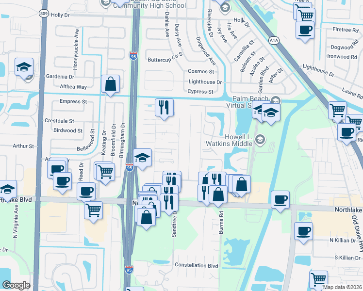 map of restaurants, bars, coffee shops, grocery stores, and more near 9260 Sunrise Drive in West Palm Beach