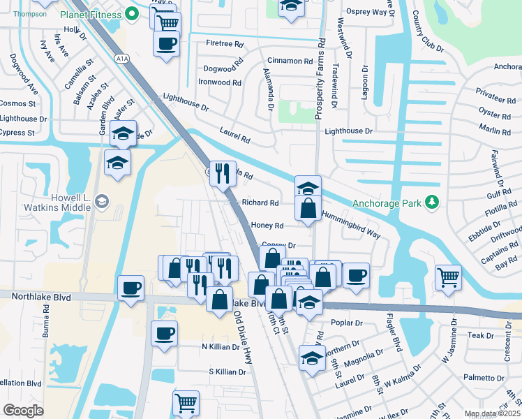 map of restaurants, bars, coffee shops, grocery stores, and more near 9250 Florida A1A Alternate in North Palm Beach