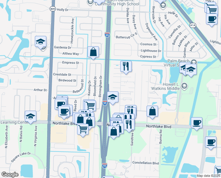 map of restaurants, bars, coffee shops, grocery stores, and more near 3960 Wilshire Street in West Palm Beach