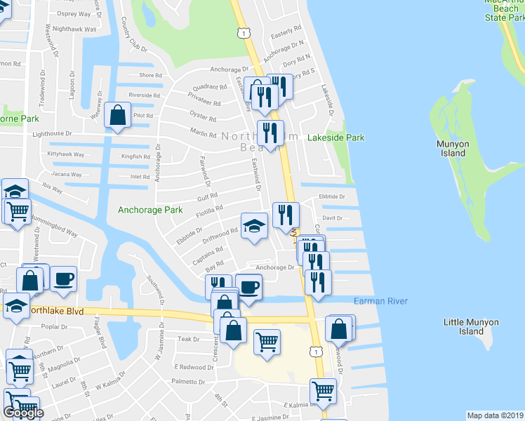 map of restaurants, bars, coffee shops, grocery stores, and more near Ebbtide Drive in North Palm Beach