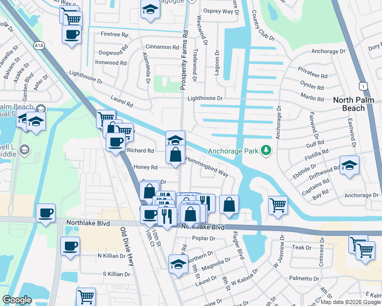 map of restaurants, bars, coffee shops, grocery stores, and more near 510 Prosperity Farms Road in North Palm Beach
