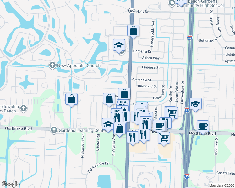map of restaurants, bars, coffee shops, grocery stores, and more near 4582 Brady Lane in Palm Beach Gardens