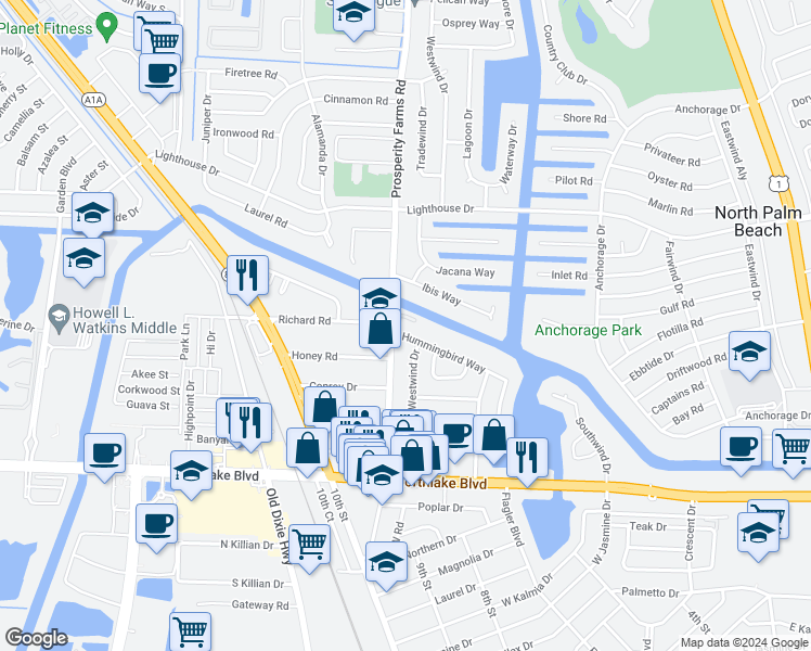 map of restaurants, bars, coffee shops, grocery stores, and more near 809 Hummingbird Way in North Palm Beach