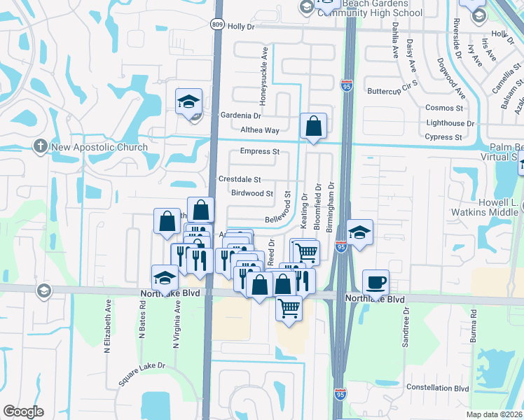 map of restaurants, bars, coffee shops, grocery stores, and more near 4303 Applecrest Drive in Palm Beach Gardens