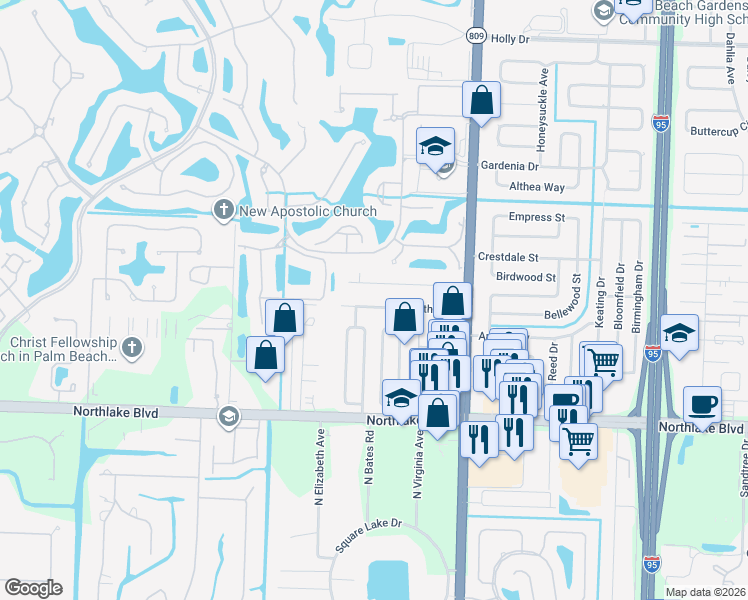 map of restaurants, bars, coffee shops, grocery stores, and more near 4755 Arthur Street in Palm Beach Gardens