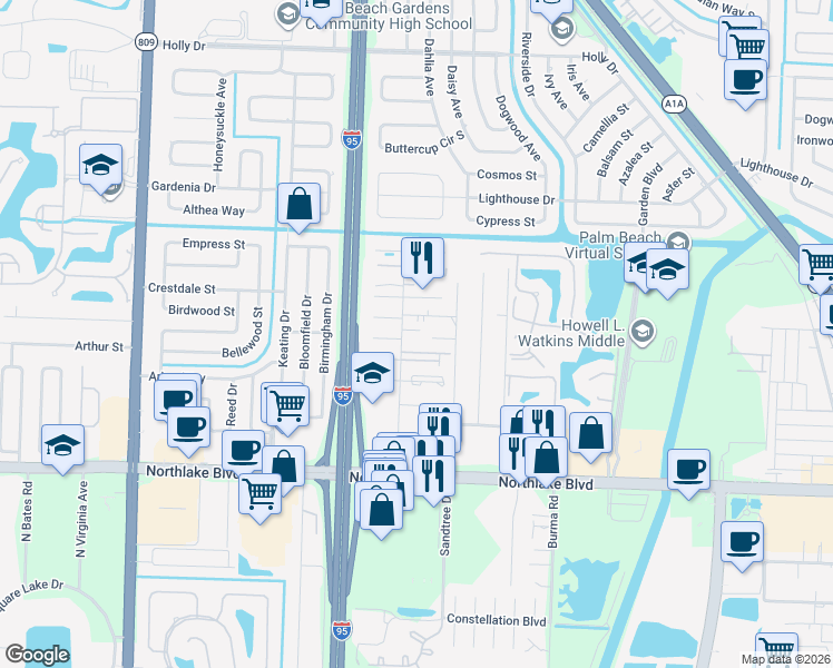 map of restaurants, bars, coffee shops, grocery stores, and more near 9336 Roan Lane in West Palm Beach