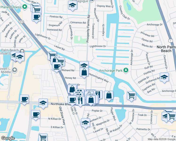 map of restaurants, bars, coffee shops, grocery stores, and more near 510 Prosperity Farms Road in North Palm Beach
