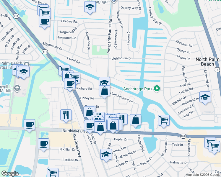 map of restaurants, bars, coffee shops, grocery stores, and more near 510 Prosperity Farms Road in North Palm Beach