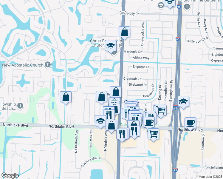 map of restaurants, bars, coffee shops, grocery stores, and more near 4582 Brady Lane in Palm Beach Gardens